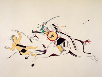 الخيالة Sioux (الاسم غير معروف) يهاجم Pawnee Bowman (الصباغ على قماش) بواسطة يقتل اثنين